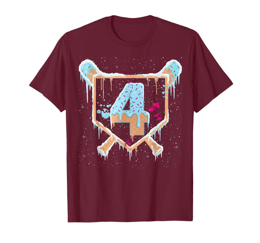 Baseball 4 Year Old Ice Cream Drip 4th Birthday Boy Number 4 T-Shirt