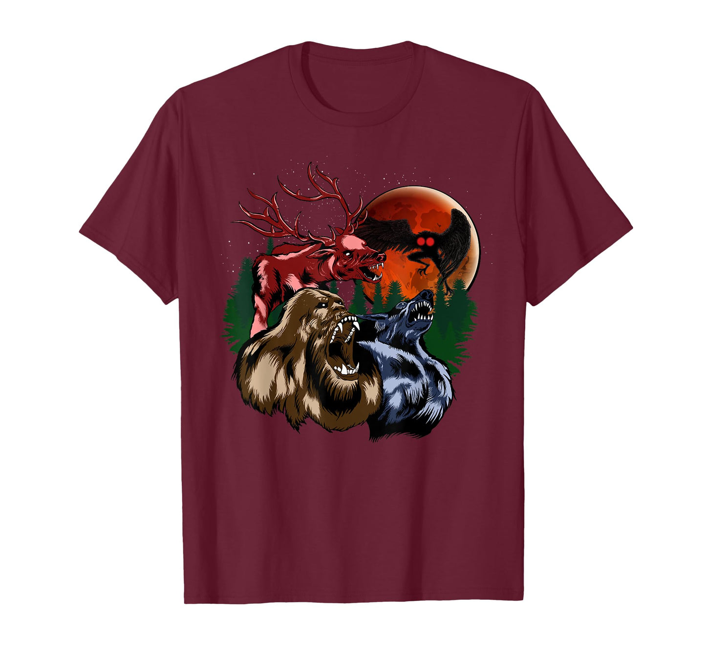 Three Cryptid Moon - Sasquatch, Dogman, Wendigo, Mothman T-Shirt