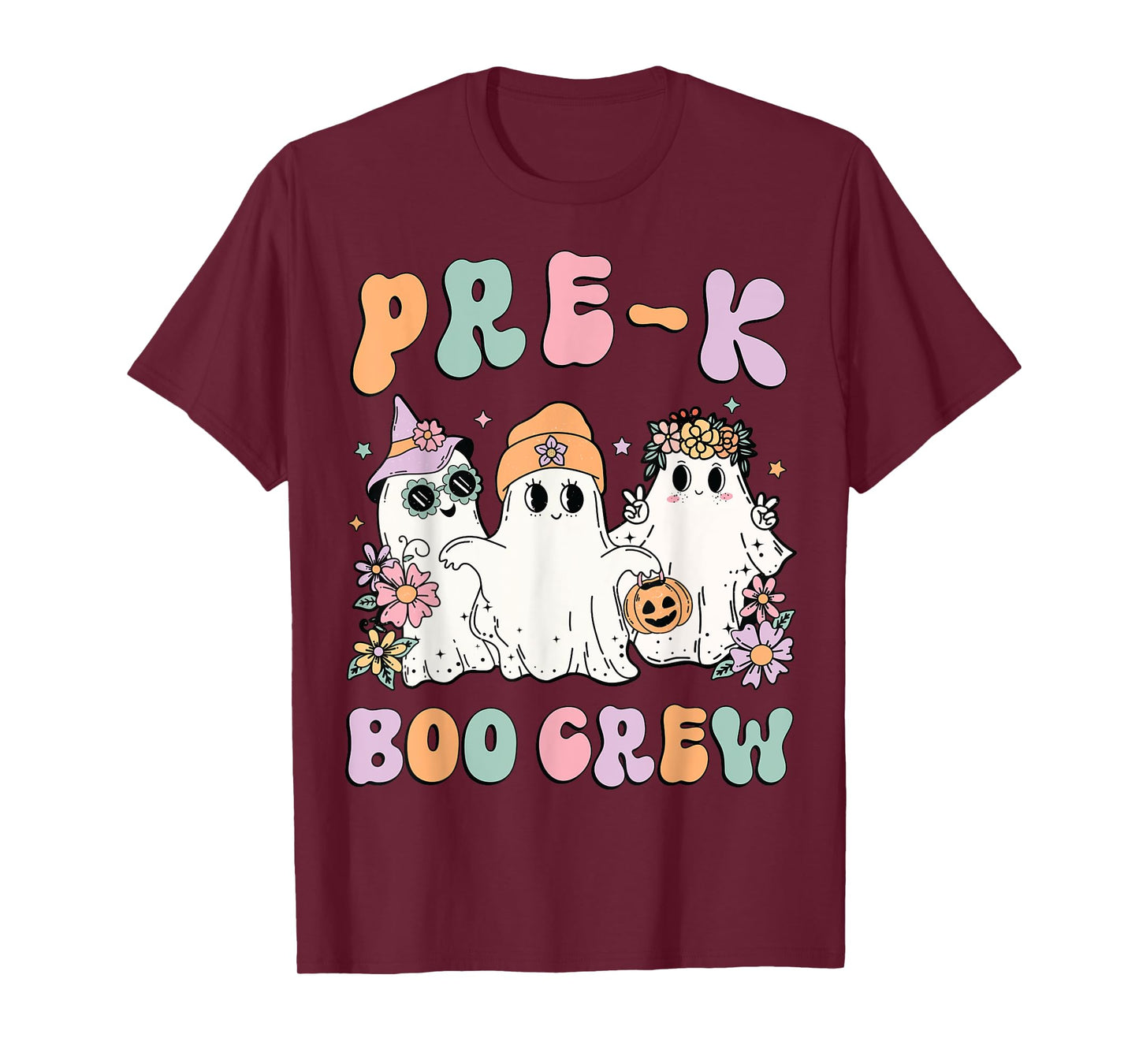 Pre-K Boo Crew Groovy Halloween Floral Ghost Pre K Teacher Men Women Kids T-Shirt