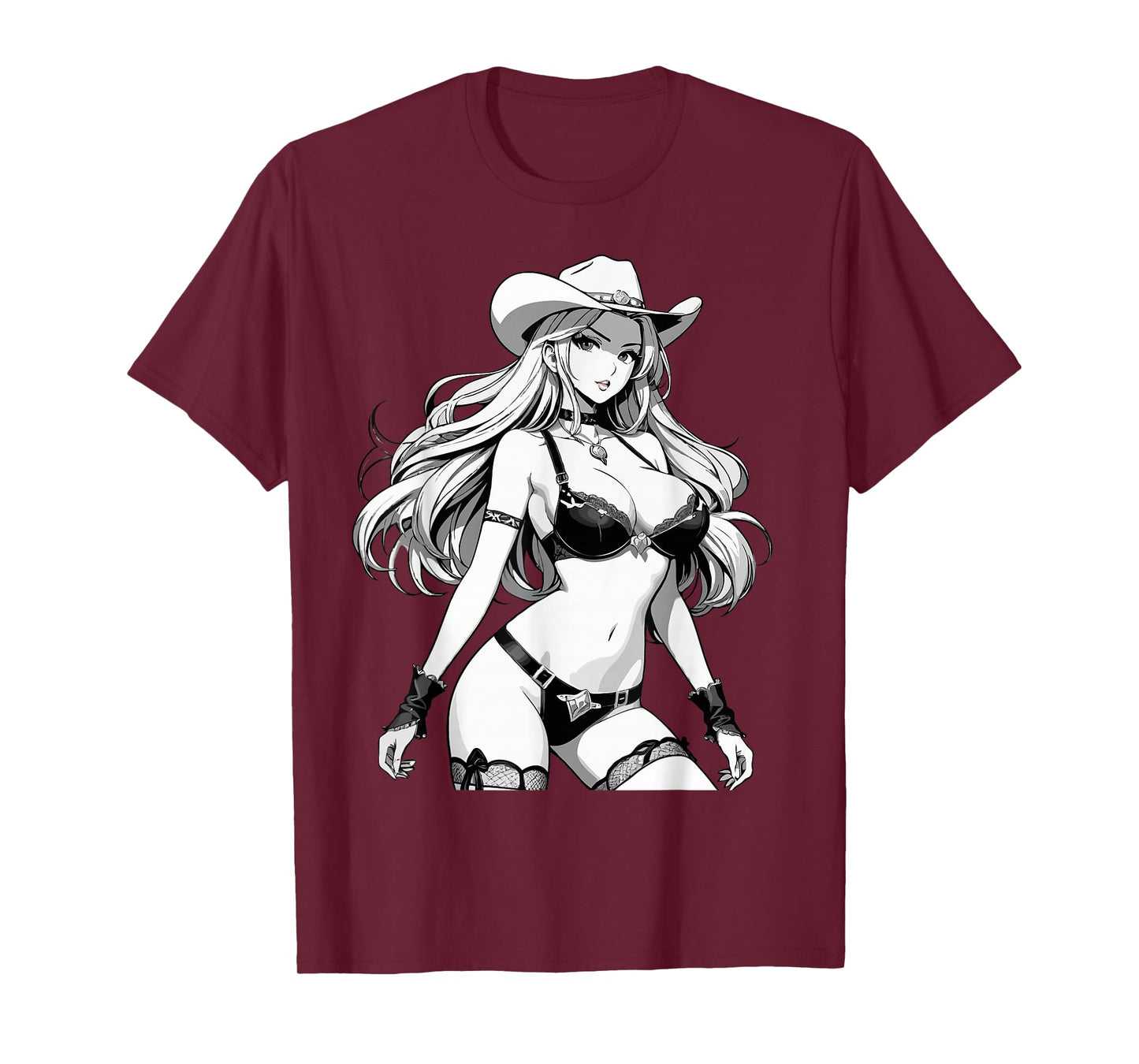Sexy Waifu Anime Cowgirl Japanese in Black and White Art T-Shirt