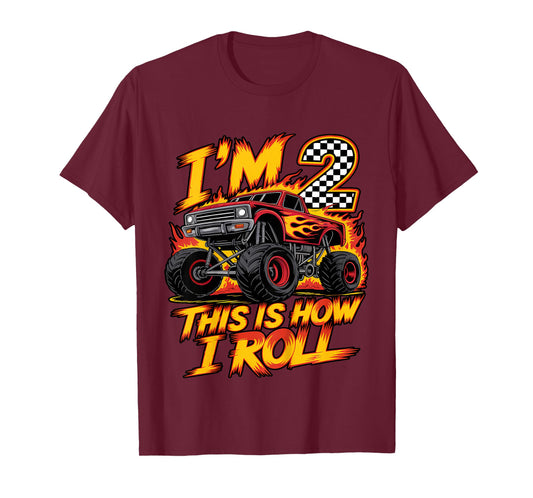 Monster Truck 2nd Birthday 2 Year Old Boy Born 2023 Kids T-Shirt