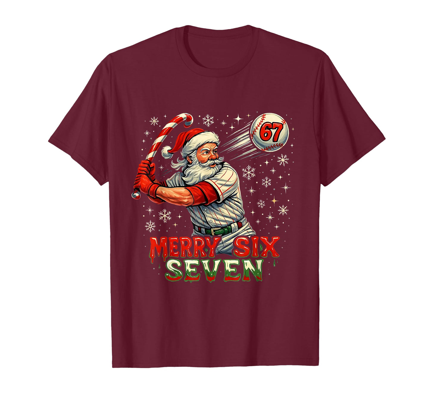 Merry Six Seven Funny Baseball Santa Christmas Design T-Shirt