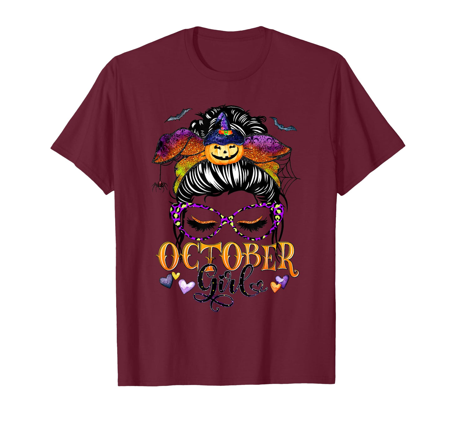 October Girl Halloween Messy Bun Lady Hair Glasses Leopard T-Shirt