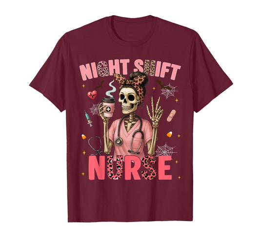 RN ICU Night Shift Nurse Skeleton Halloween Costumes Womens T-Shirt