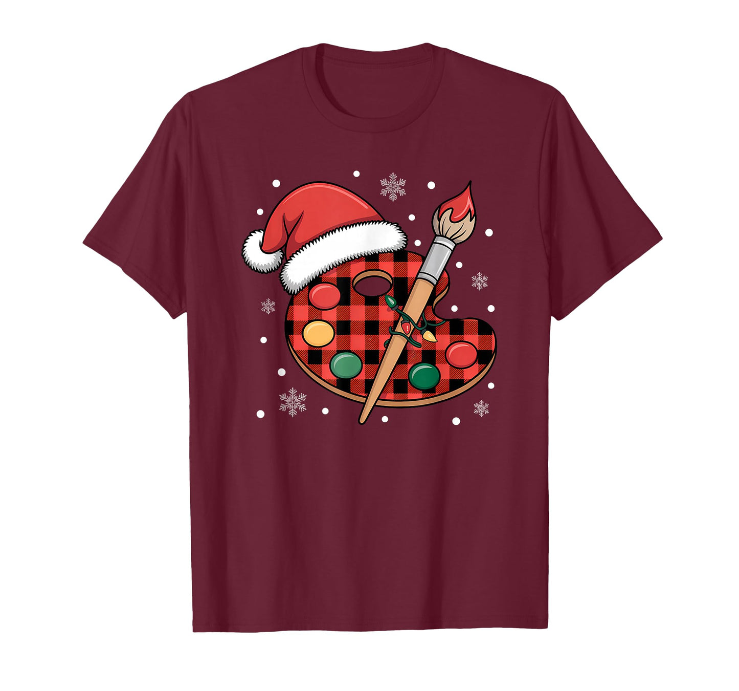 Buffalo Plaid Artist Palette with Santa Hat Holiday Painting T-Shirt