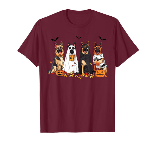 German Shepherd Dogs Dressed As Ghost Autumn Leave Halloween T-Shirt
