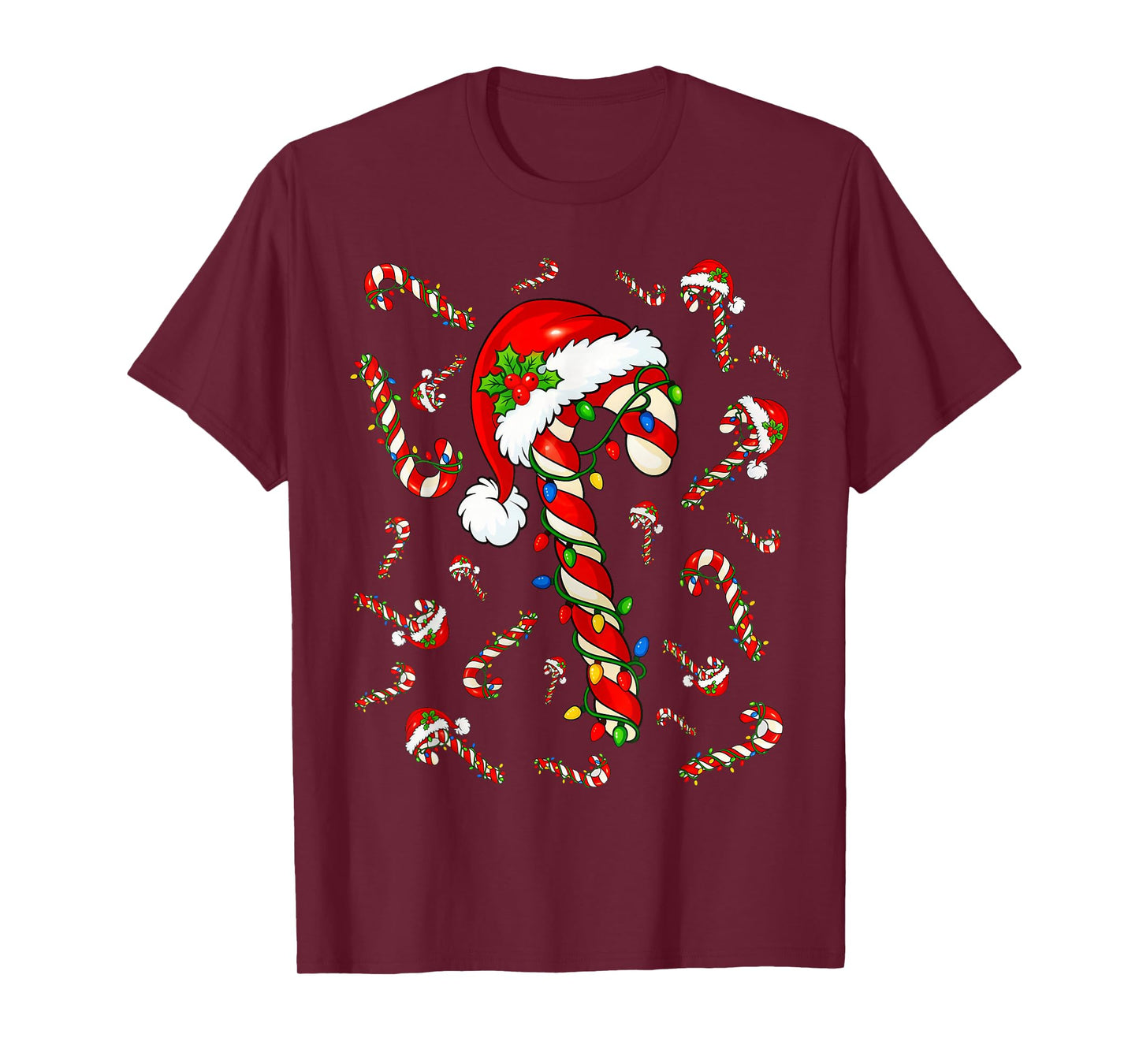 Red and White Candy Cane Santa Christmas Xmas Lights T-Shirt