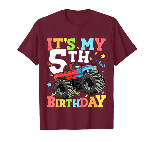 Kids Monster Truck It's My 5th Birthday Boy 5 Five Toddler T-Shirt