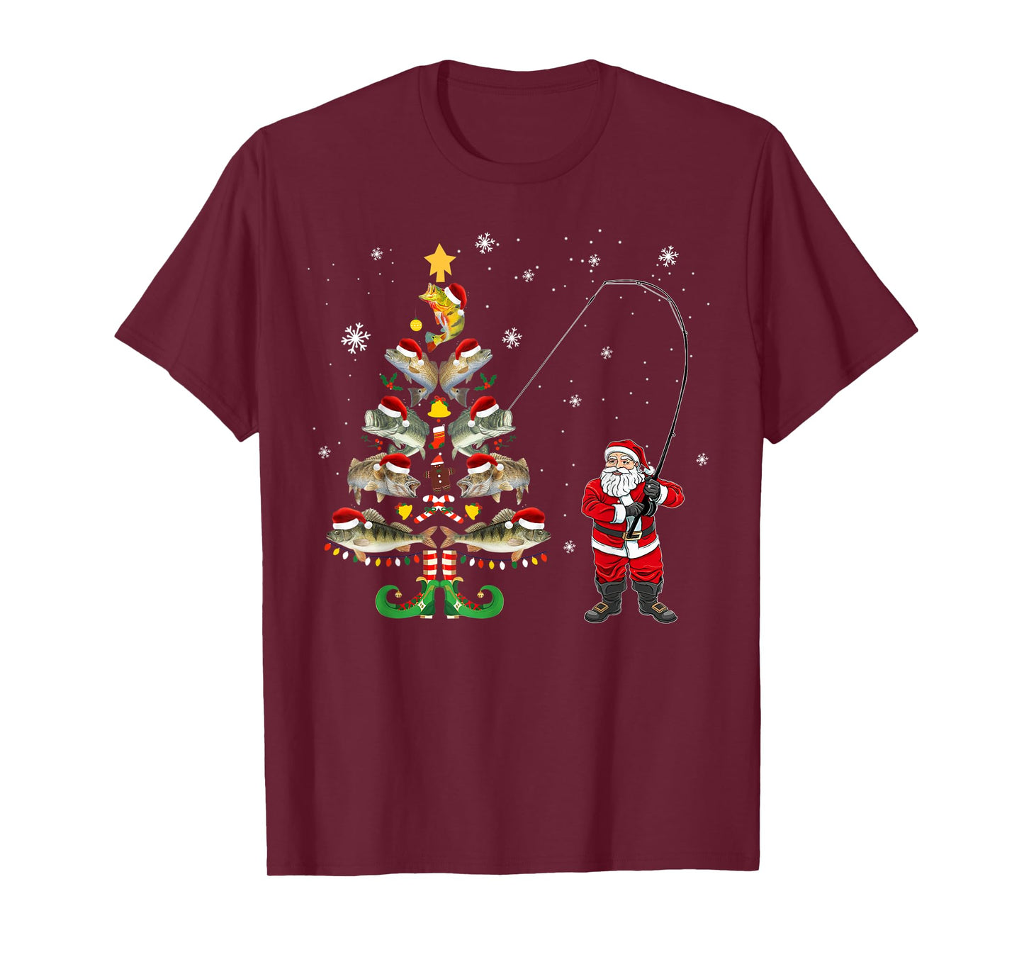 Fishermans Christmas Pajama Gift Tree Lights Merry Fishmas T-Shirt