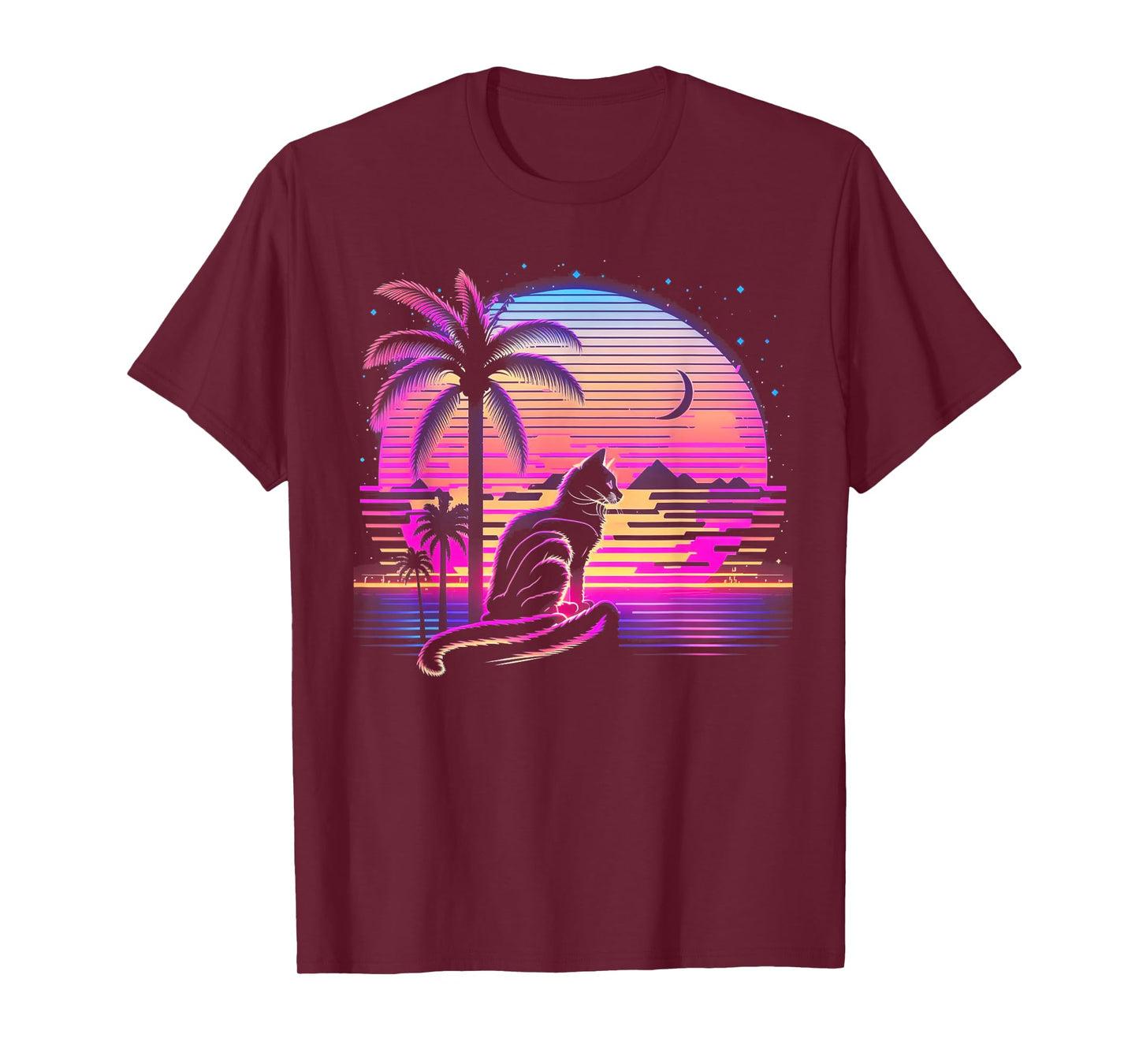 Cat Vaporwave Retrowave Aesthetic Synthwave 80s Palm Tree Men Women Kids T-Shirt