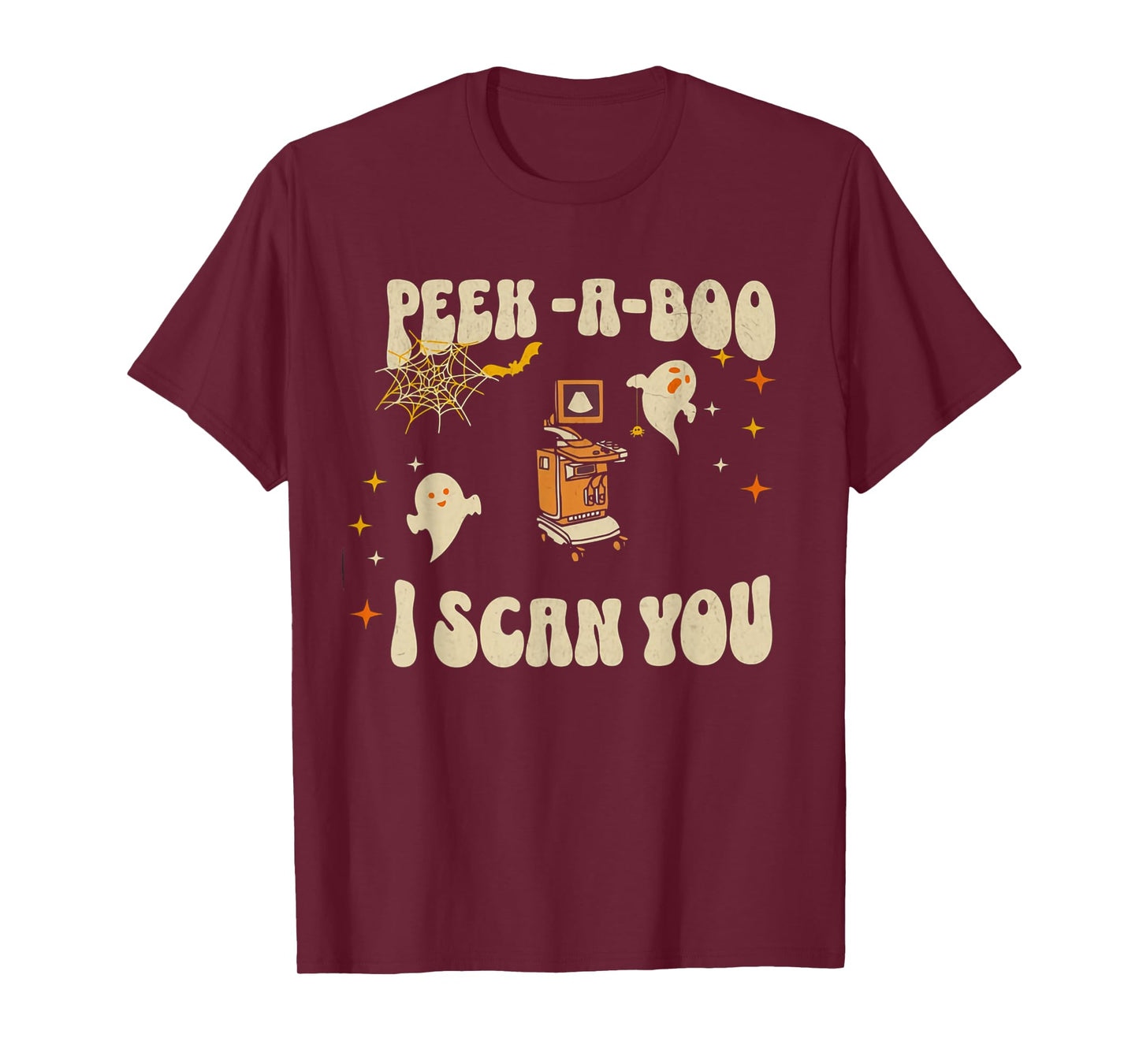 Retro Ultrasound Peek-A-Boo Halloween Ghost Sonography Crew T-Shirt