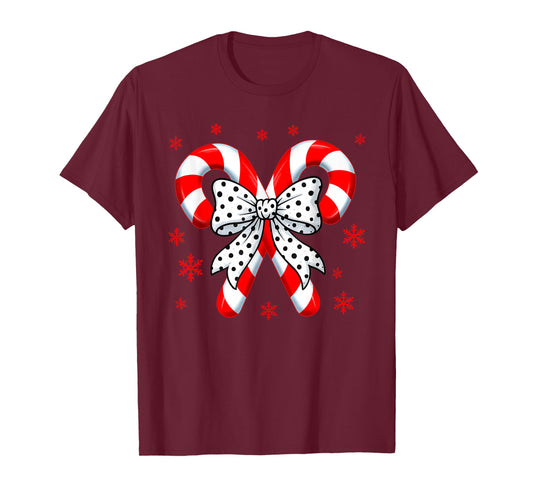 Candy Cane Christmas Season Girls Womens Retro Coquette Bow T-Shirt