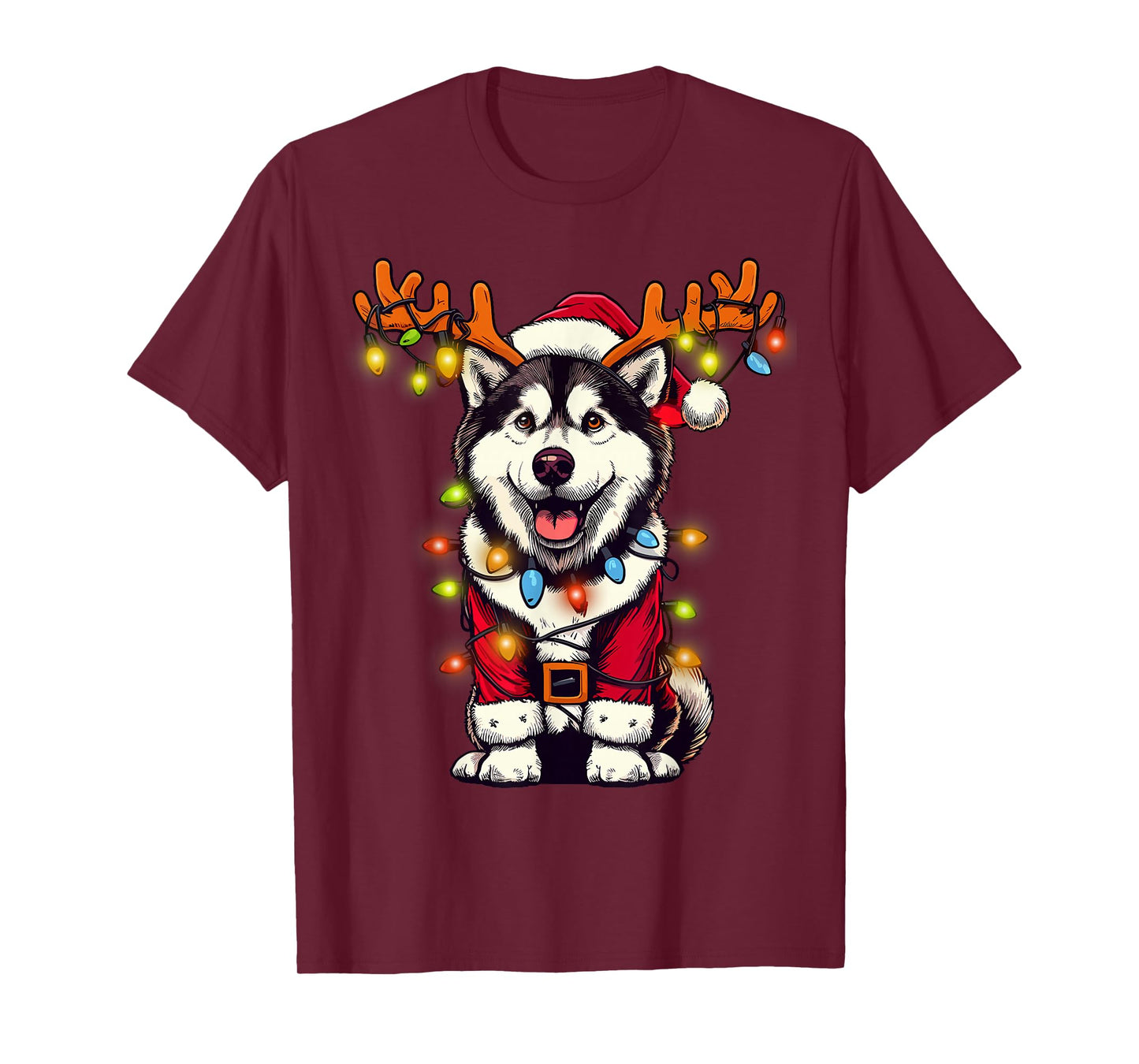 Funny Siberian Husky Christmas Tree Lights, Santa Dog T-Shirt