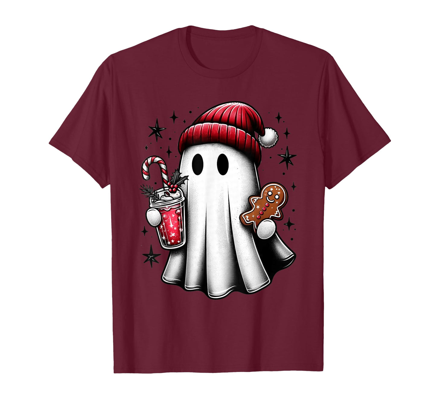 Cute Santa Ghost Drinking Coffee Ice Coffee Christmas Pajama T-Shirt