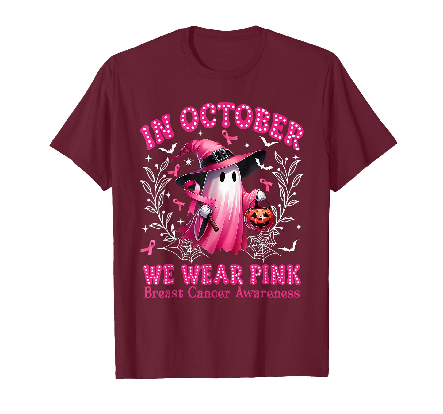 In October We Wear Pink Ghost Witch Breast Cancer Awareness T-Shirt