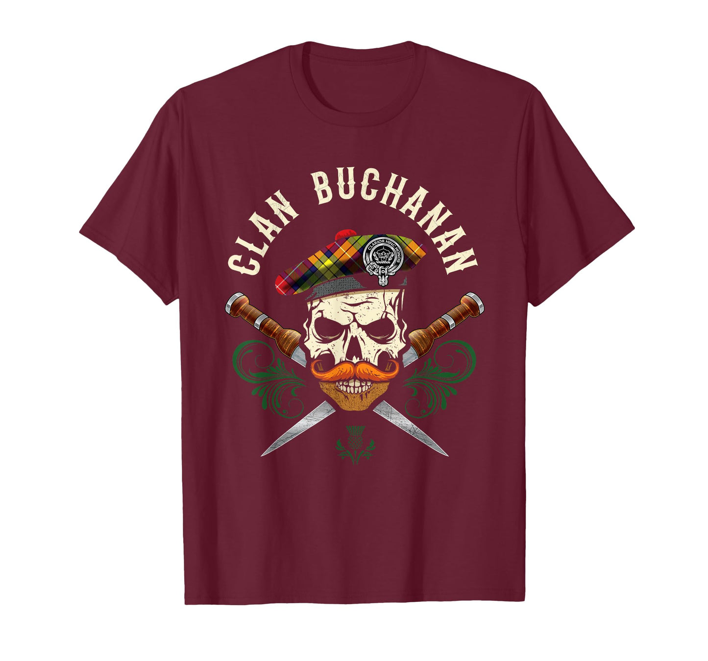 Buchanan Surname Scottish Clan Skull Tam Dirks Tartan Badge T-Shirt