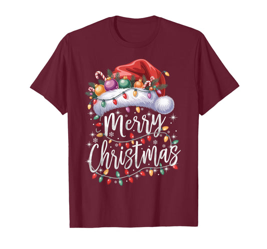 Merry Christmas Lights Red Santa Hat Family Matching Xmas T-Shirt