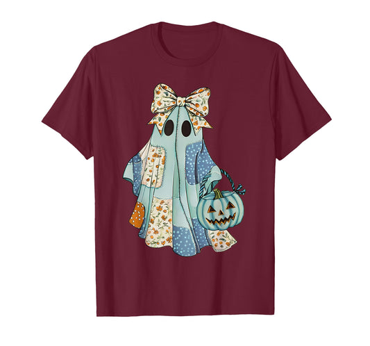 Cute Adorable Patchwork Ghost with Teal Pumpkin Vintage T-Shirt