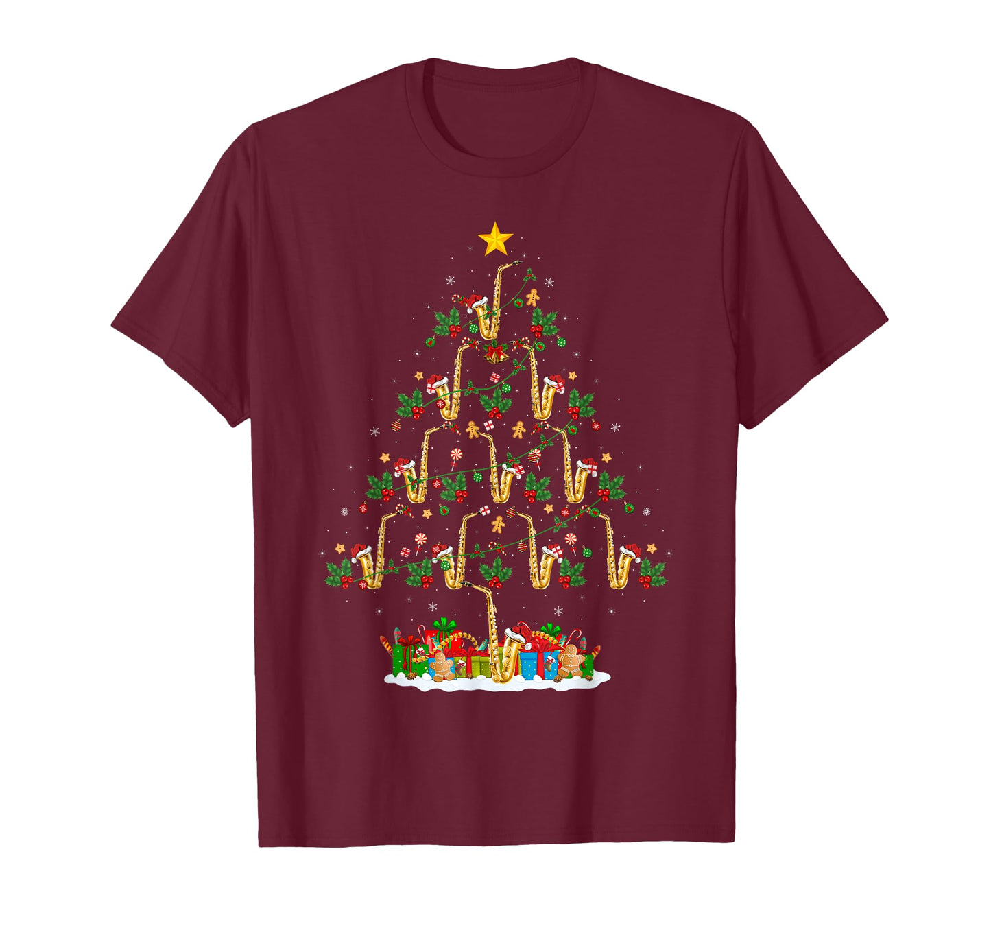 Saxophone Christmas Tree Lights Funny Jazz Music Lover Xmas T-Shirt