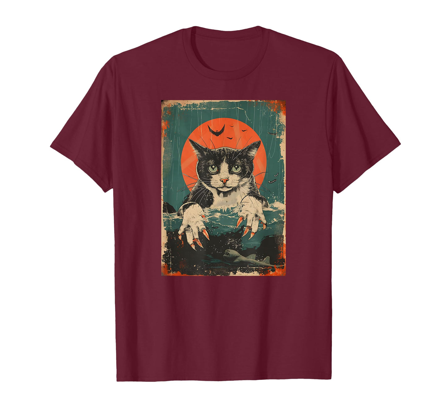 Creepy Cat Monster Funny Retro Cats Sea Lover Japanese Anime T-Shirt