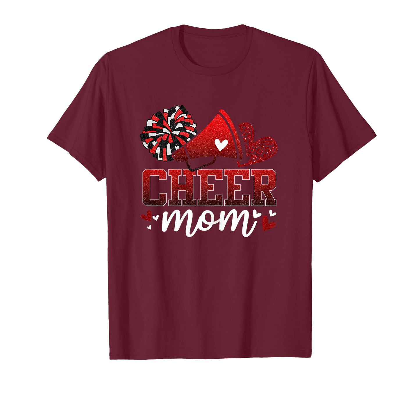 Football Cheer Mom Red Black Pom Leopard Cheerleader T-Shirt