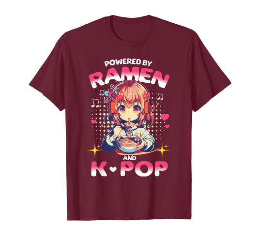 Powered by Ramen and K Pop Funny Anime Korean Music Manga T-Shirt
