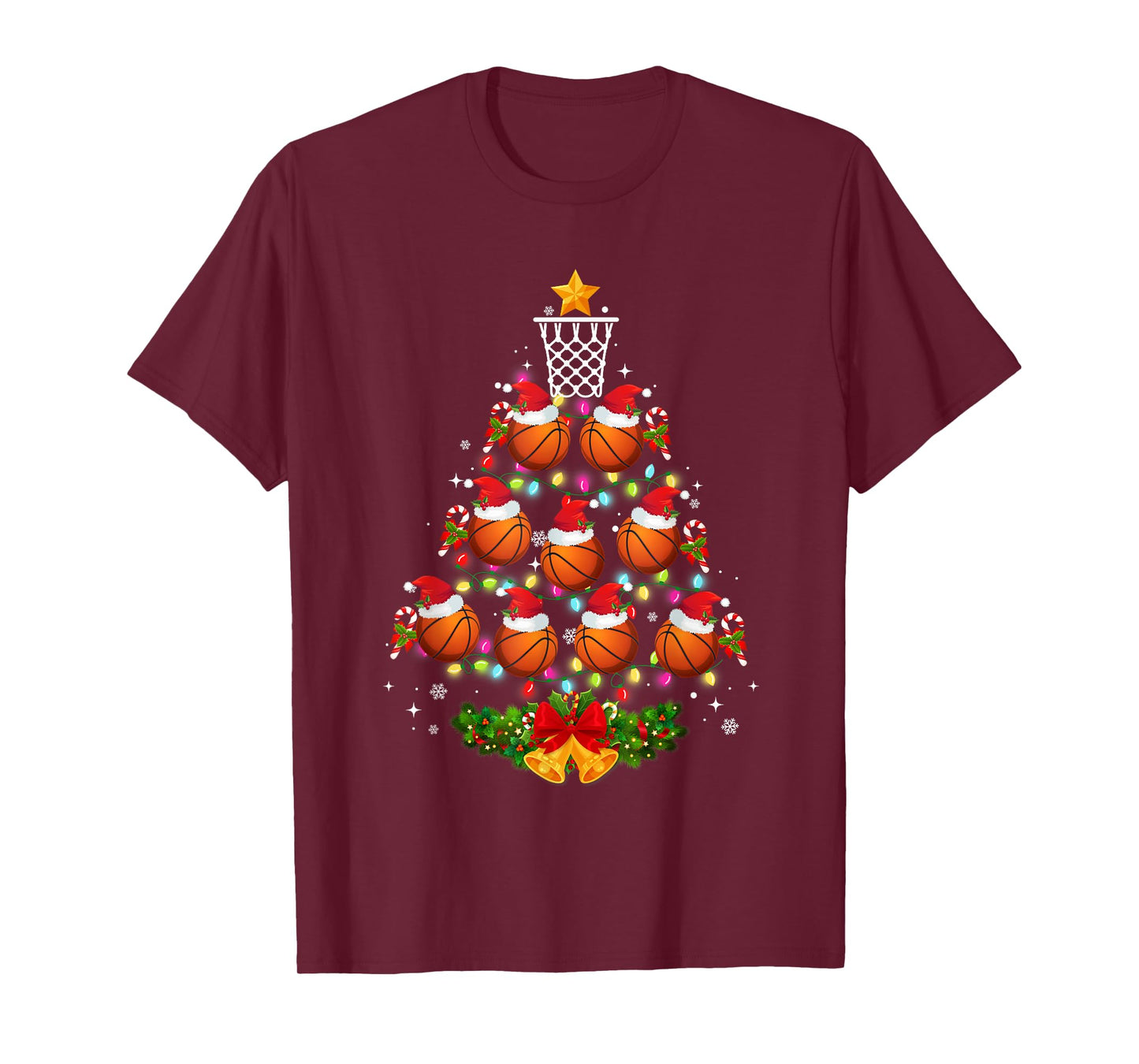 Basketball Christmas Tree Lights Red Santa Hat Xmas Pajamas T-Shirt