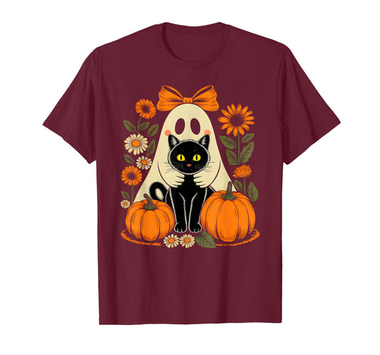 Retro Floral Ghost Coquette Bow Pumpkin Halloween Black Cat T-Shirt