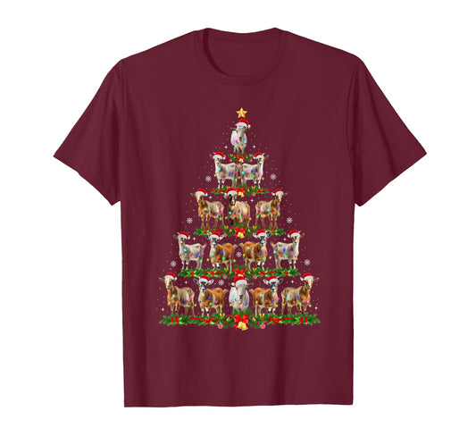Funny Goat Christmas Tree Lights Santa Hat Xmas Pajamas T-Shirt