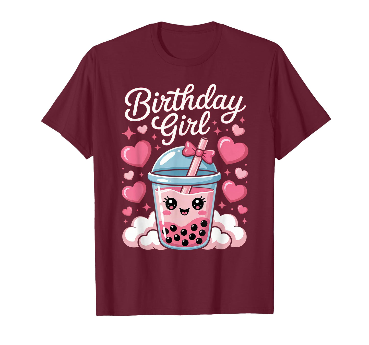 Happy Birthday Girl Cute Pink Bow Bubble Boba Tea Anime T-Shirt