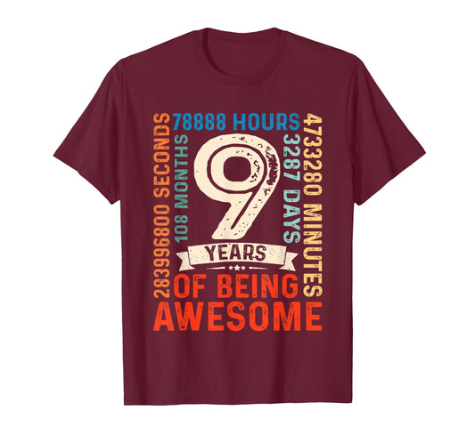 Nine 9yr Vintage 9th Birthday 9 Years Old Retro 108 Months T-Shirt