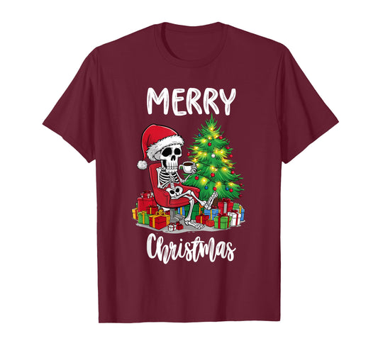 Skeleton Santa Merry Christmas Xmas Lights Pajamas Holiday T-Shirt