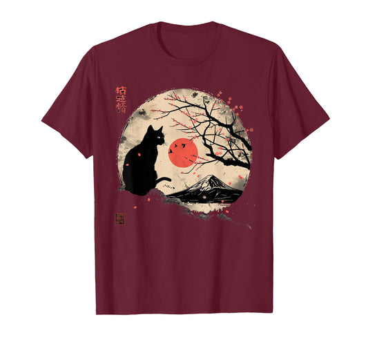 Black Cat Vintage Japan Art Japanese Theme Retro Print T-Shirt
