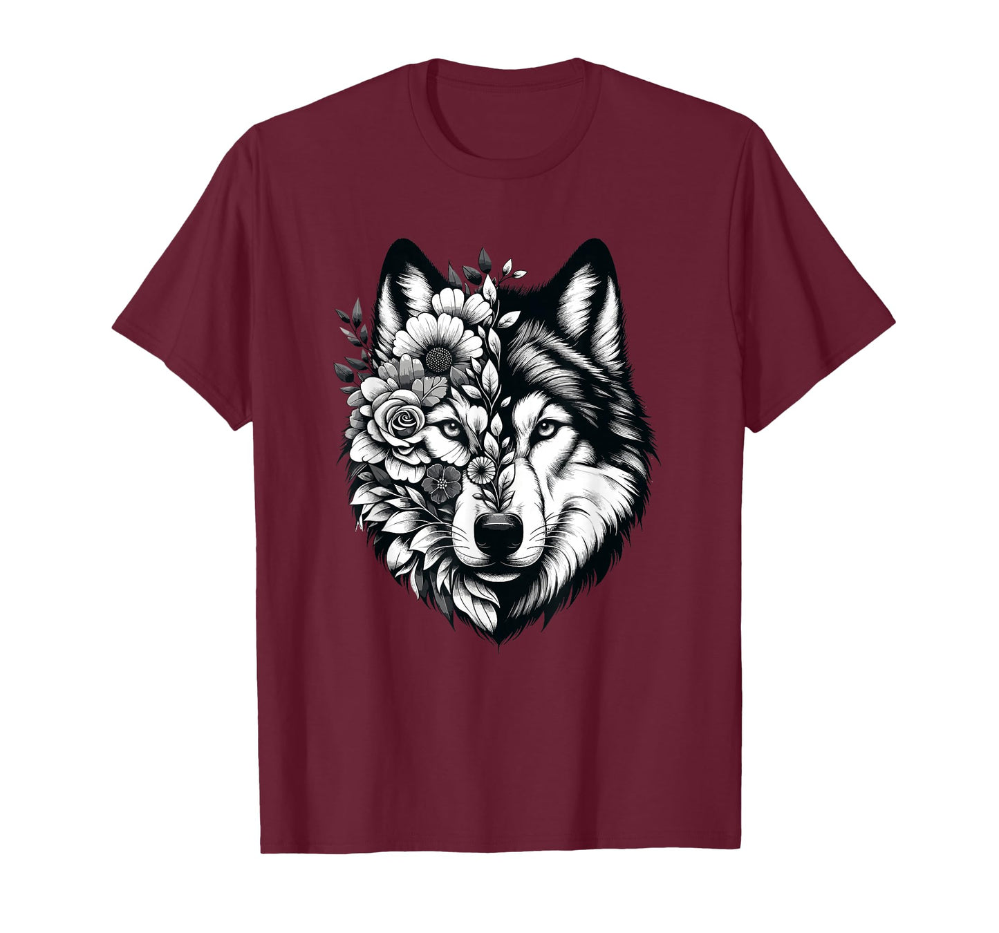 Wolf & Flowers, Wolf Graphic & Floral Wolf Face T-Shirt
