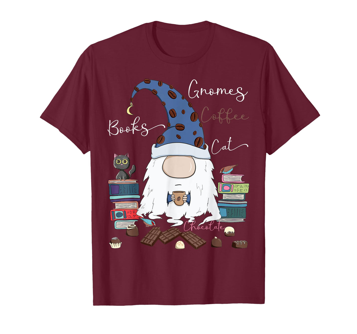 Gnomes Coffee Books Cat Chocolate Funny Gnome & Coffee Lover Men Women Girls Kids T-Shirt