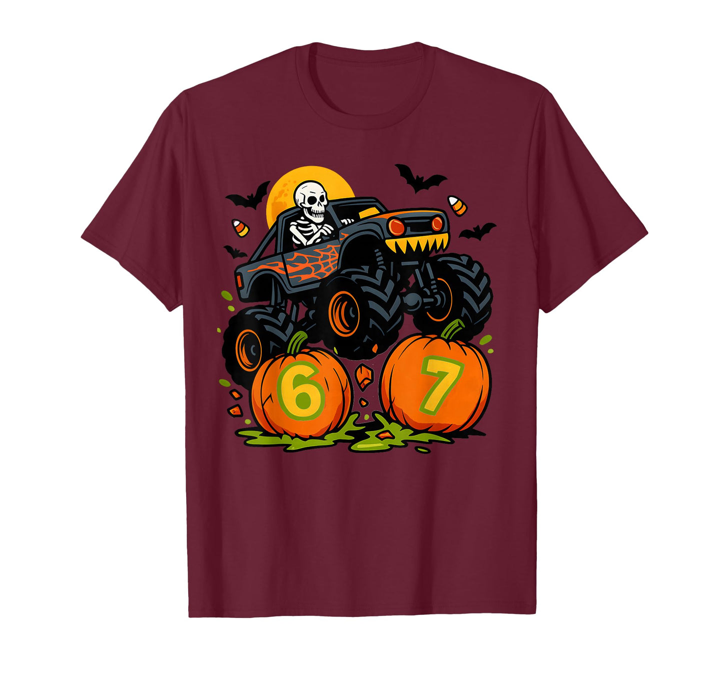 67 Halloween Monster Truck Skeleton Six Seven Meme Boys Kids T-Shirt
