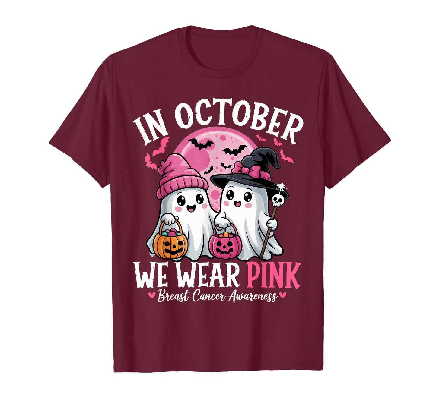 in October We Wear Pink Ghost Witch Breast Cancer Awareness T-Shirt