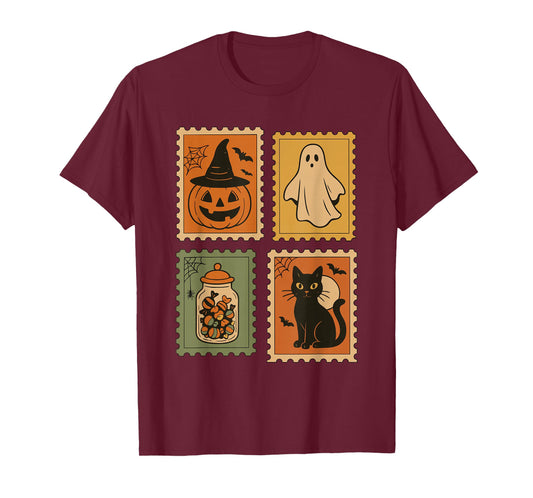 Retro Halloween Stamps, Pumpkin Ghost Black Cat Spooky T-Shirt