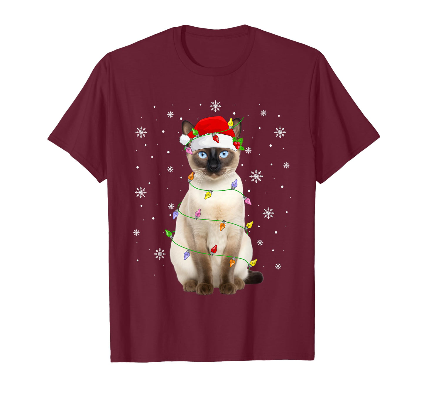 Siamese Cat Christmas Lights Funny Santa Hat Cat Lover Xmas T-Shirt