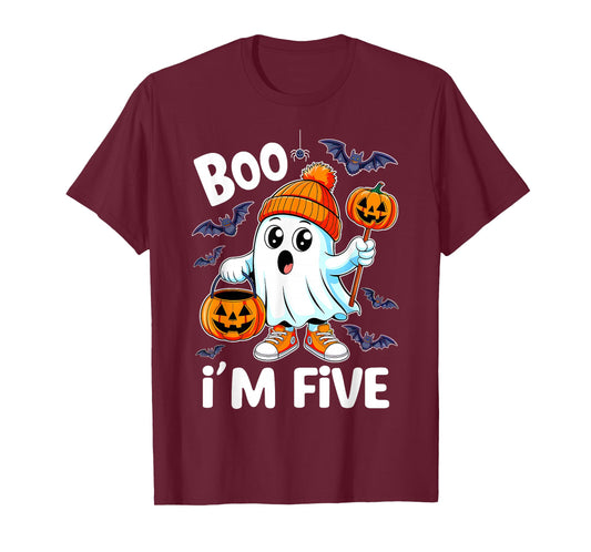 Boo I'm Five Ghost 5th Birthday Halloween Boy Kids Groovy T-Shirt