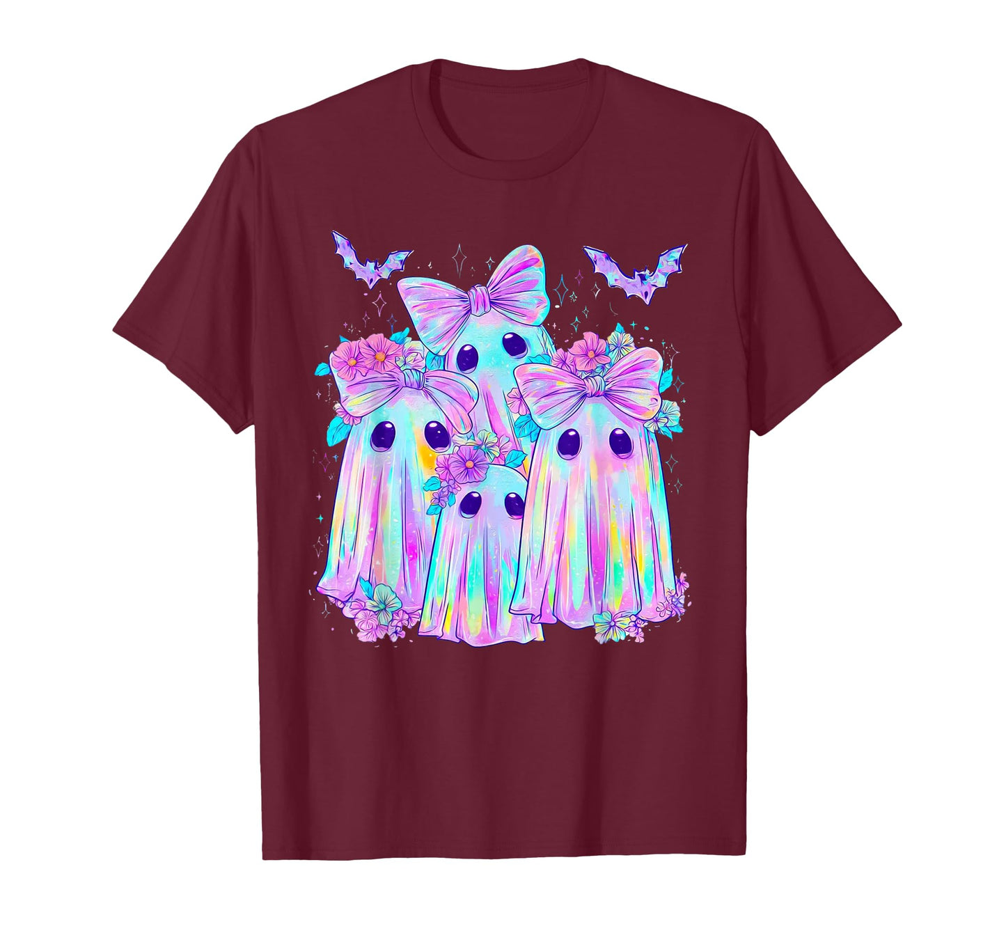 Floral Colorful Ghosts Boo Coquette Bow Spooky Halloween T-Shirt