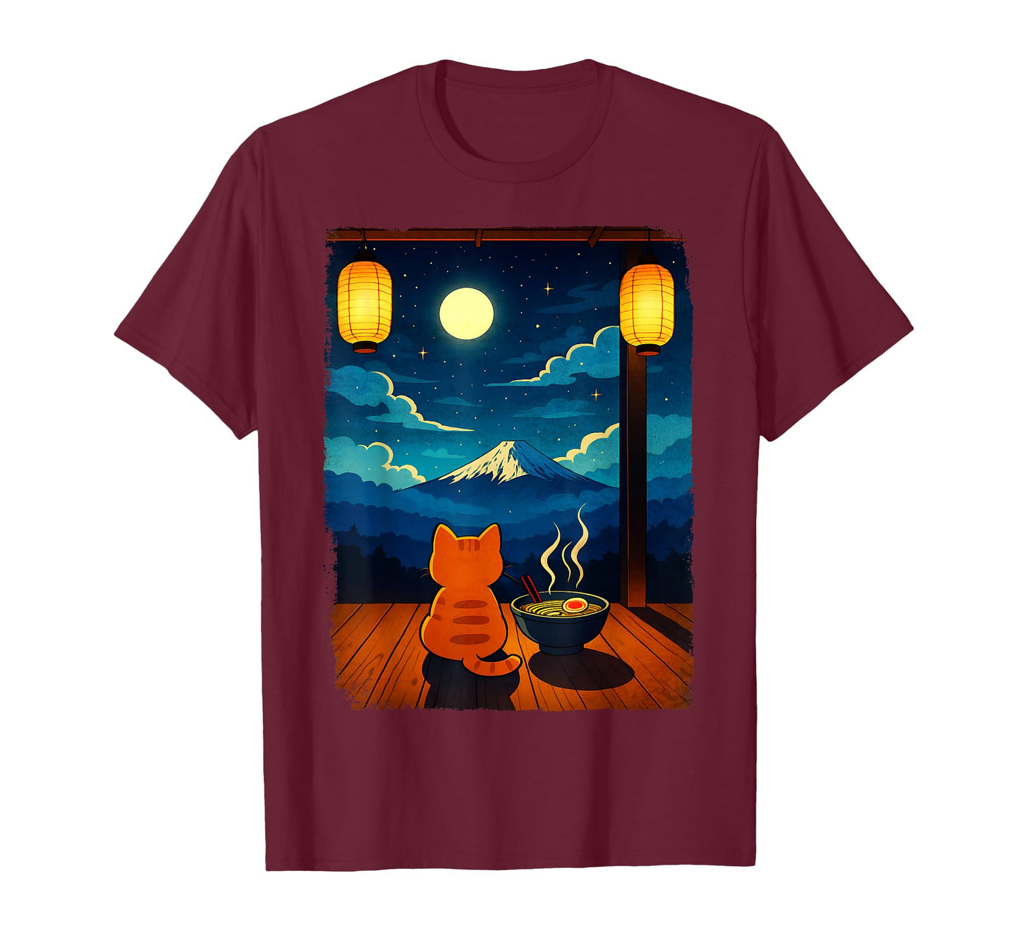 Cat Ramen Kawaii Mount Fuji Zen Aesthetic Japanese Graphic T-Shirt