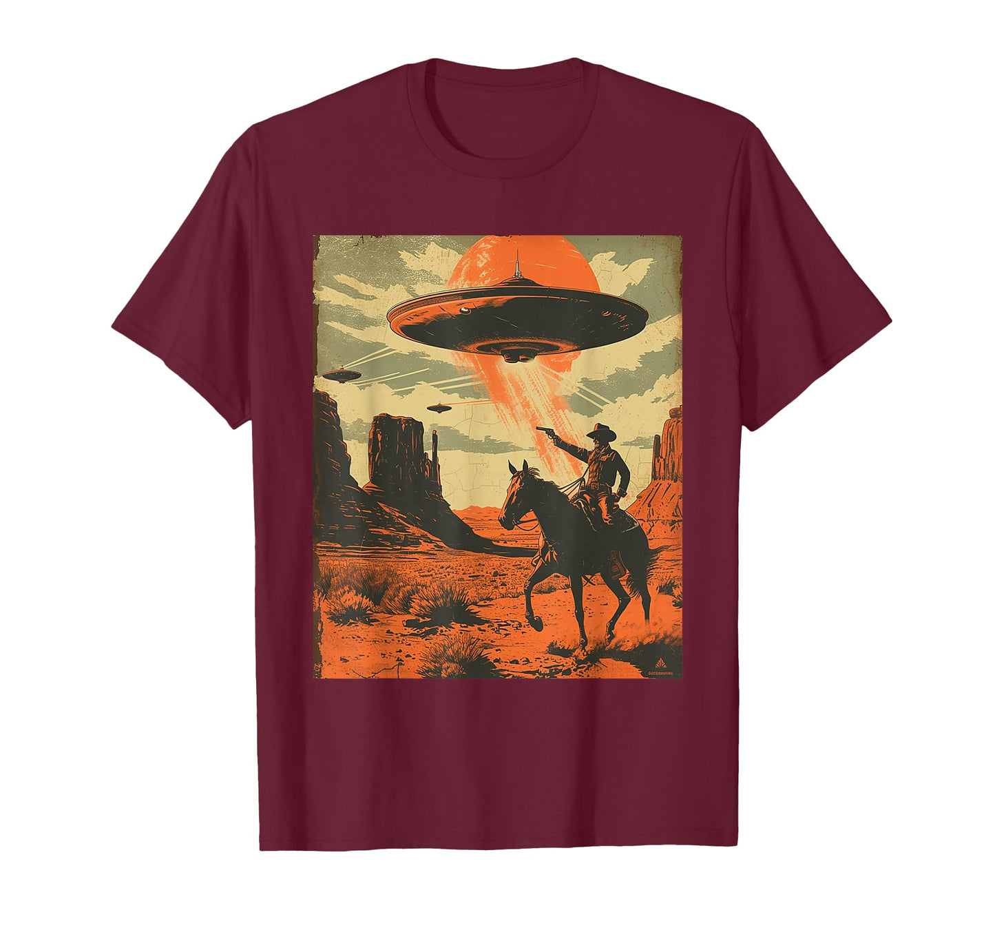Retro Desert Cowboy Riding Horse Shooting At Space UFO Art T-Shirt