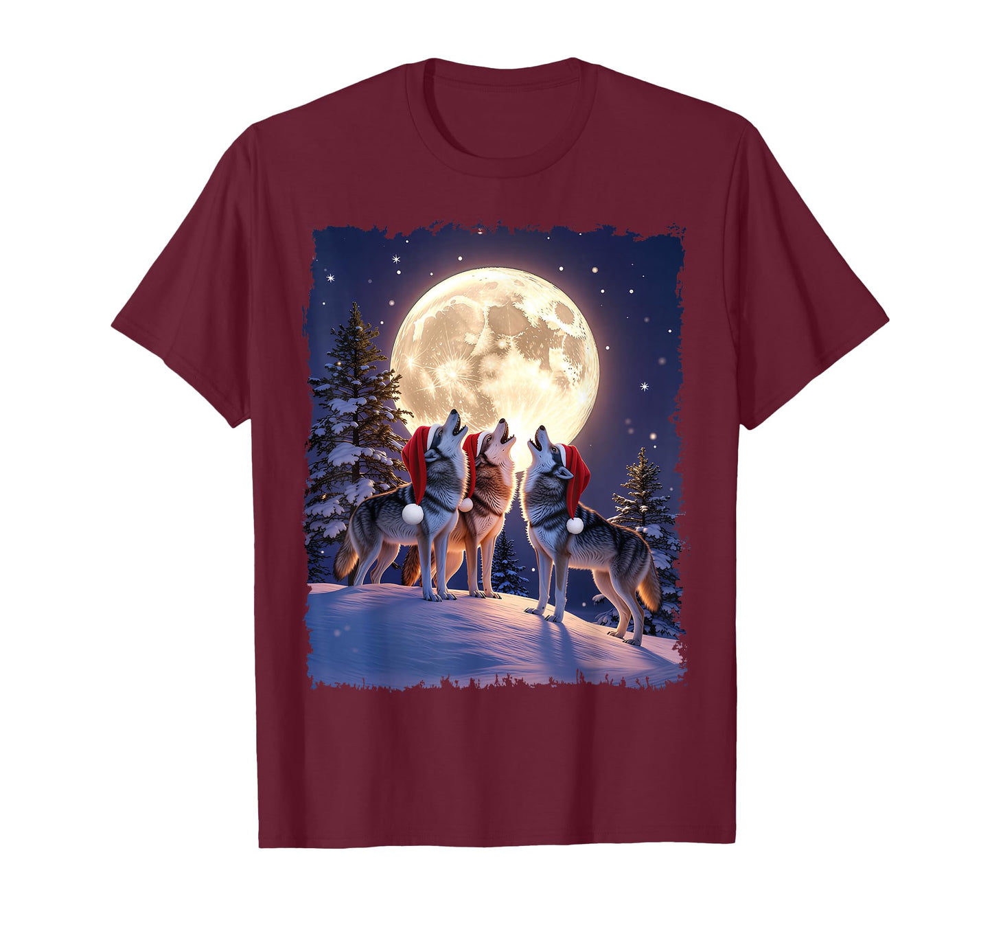 Wolf Christmas Funny 3 Wolf Howling Moon Santa Hat T-Shirt