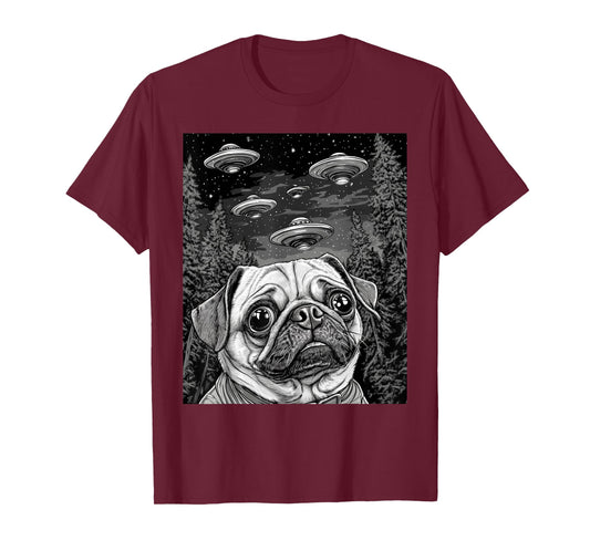 Dog Pug Selfie With Alien UFO Funny T-Shirt