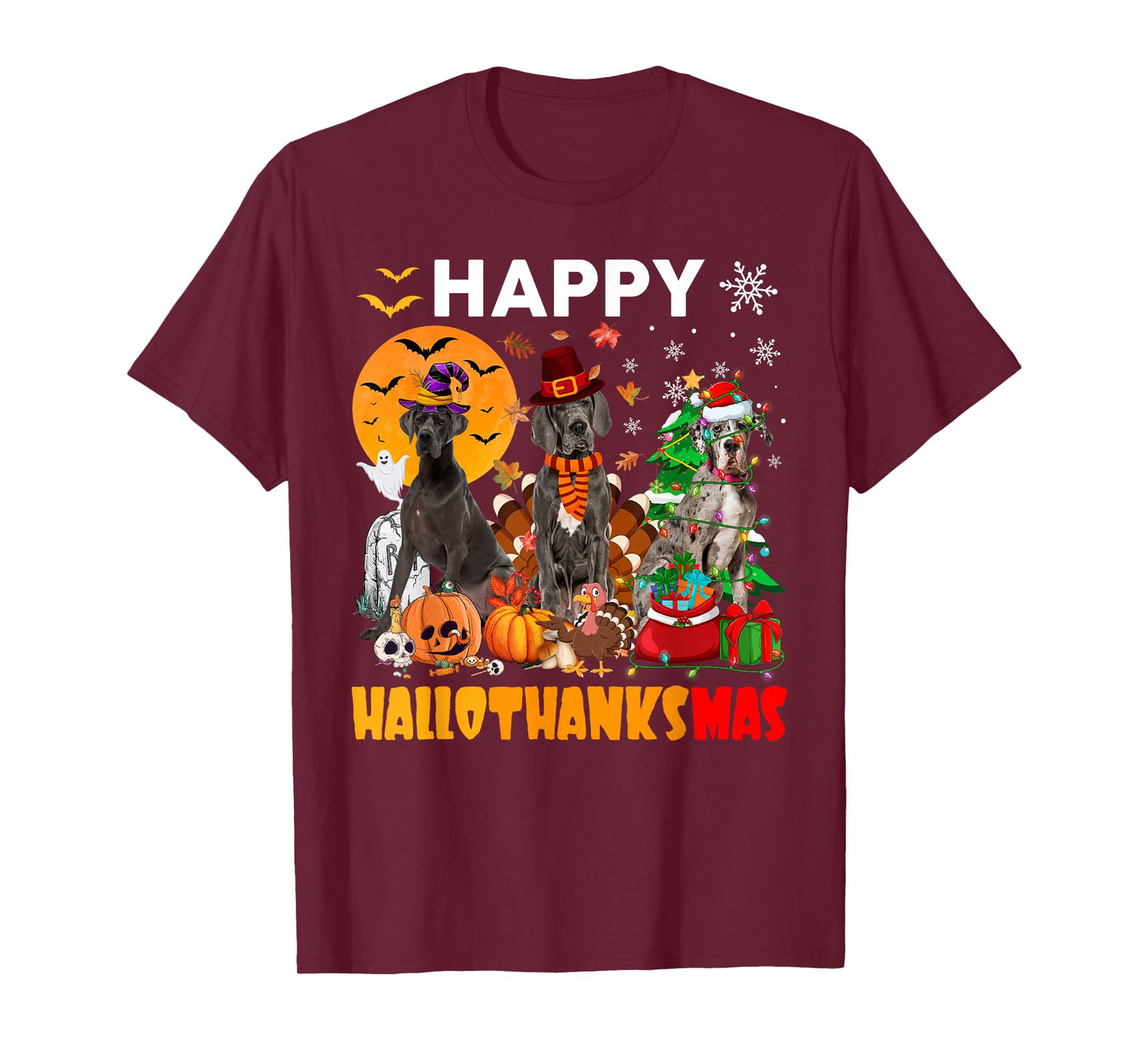 Funny Witch Turkey Santa Great Dane Dog Happy HalloThanksMas T-Shirt