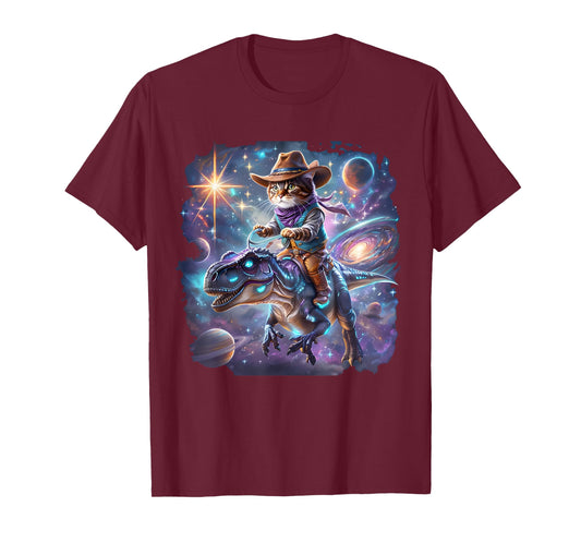 Cat Riding Dinosaur Funny Cat Cowboy Hat Rainbow Galaxy T-Shirt