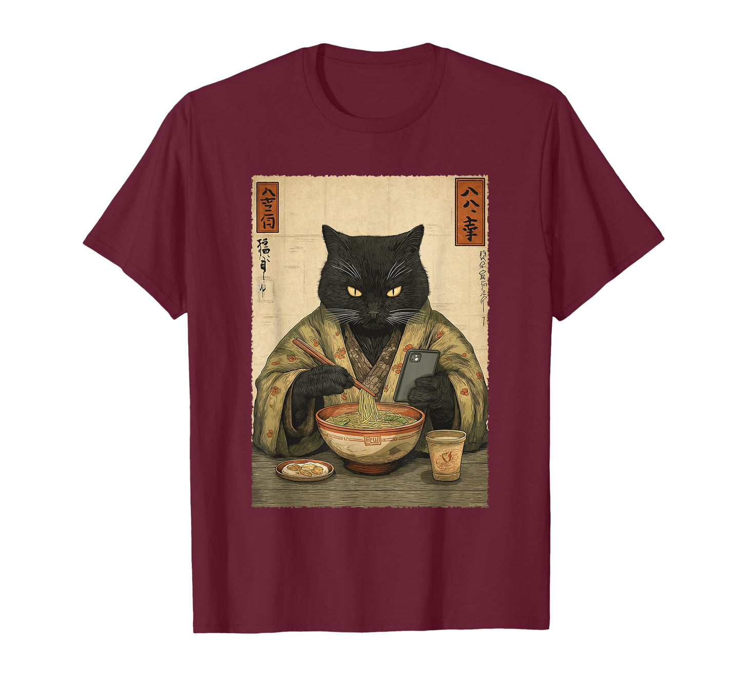 Samurai Cat Eat Ramen Scroll Phone Japanese Food Humor Art T-Shirt