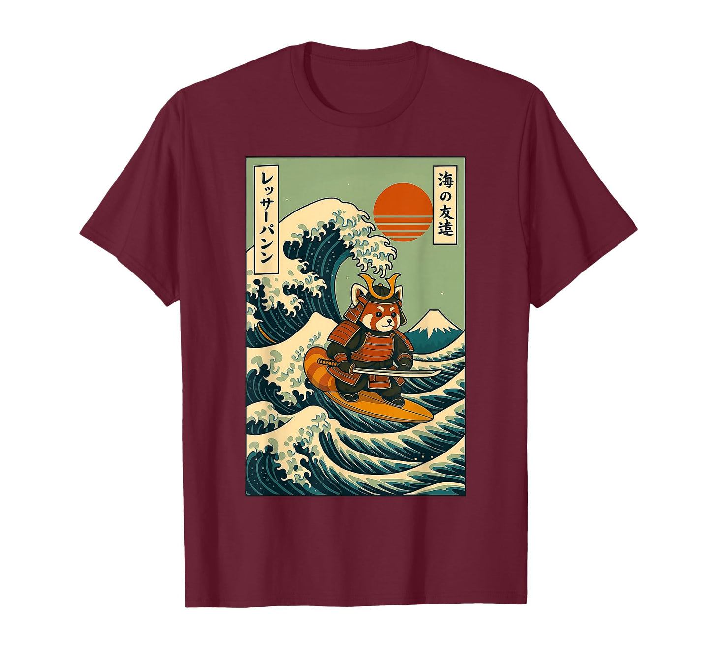 Red Panda Samurai Surfing Japanese Wave T-Shirt