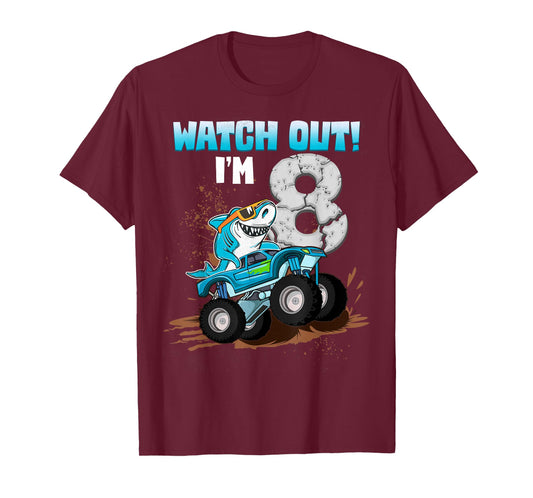 8 Years Old 8th Birthday Shark Boy Girl Monster Truck Gamer T-Shirt